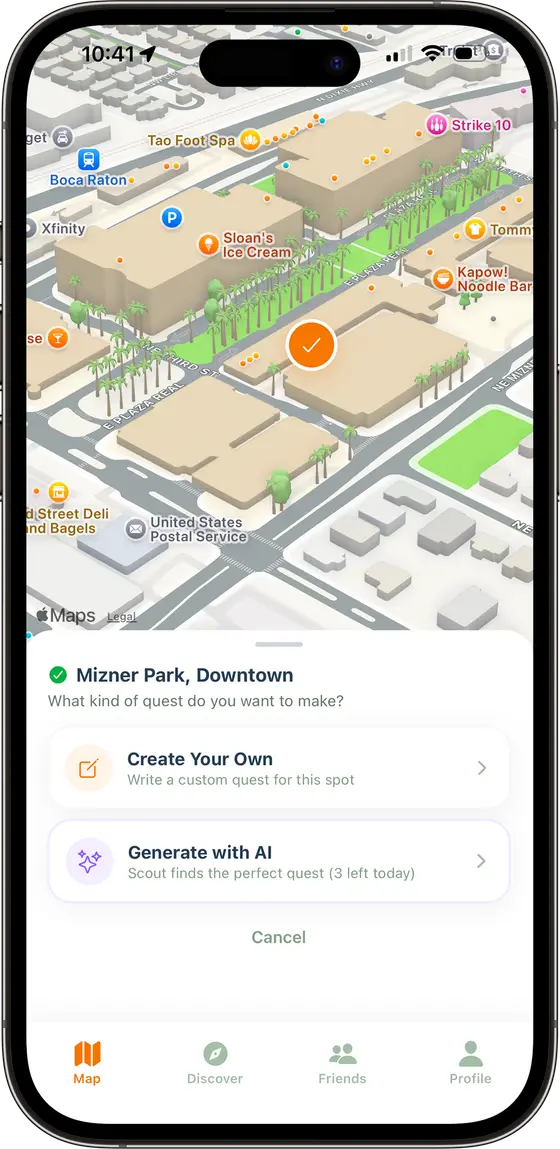 SideQuest map view with quest pins around Boca Raton
