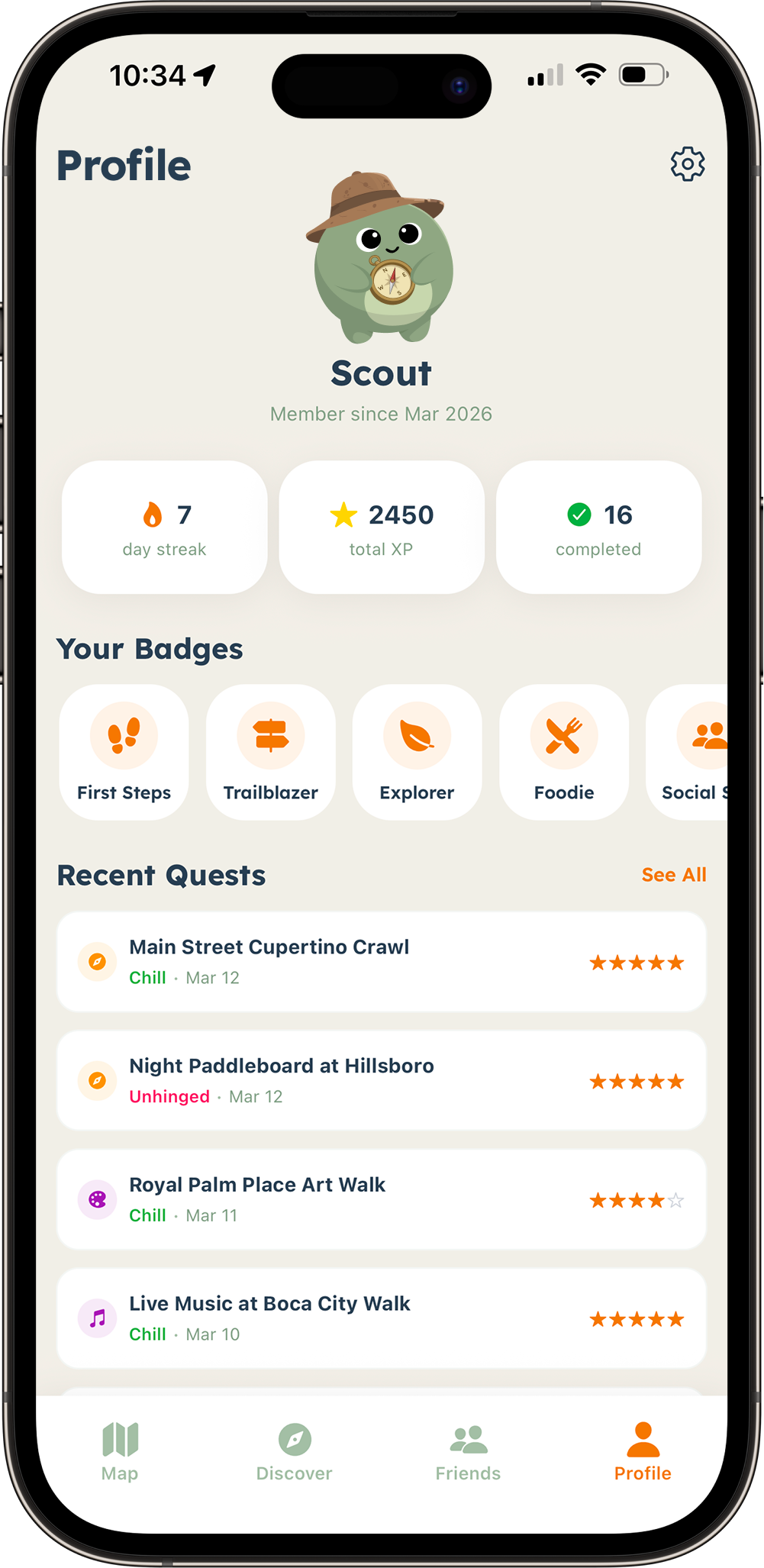 Profile with stats and badges