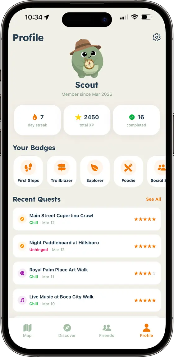 A player profile showing XP, a daily streak, and earned badges