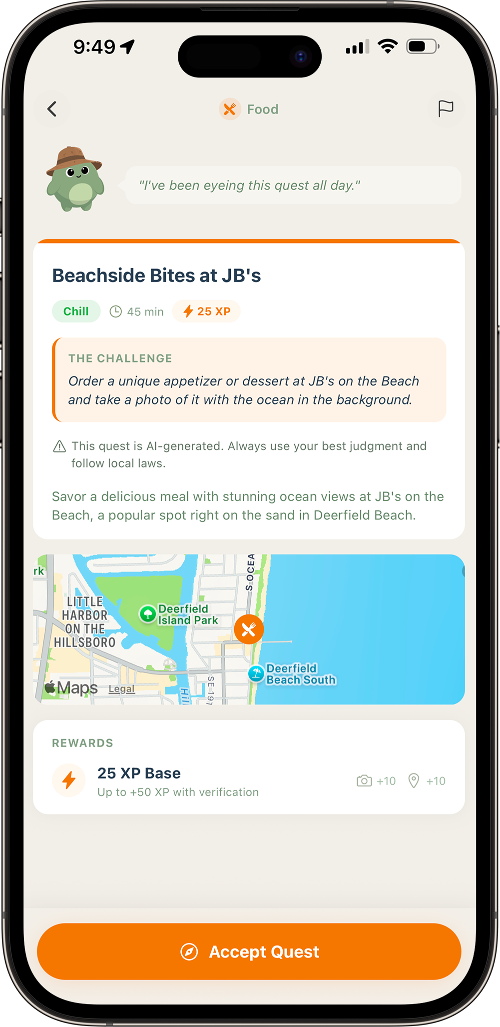 Quest detail with Scout mascot and XP rewards